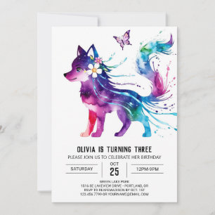 Invitation Loup Fantaisie Rose Fille Numérique Anniversaire