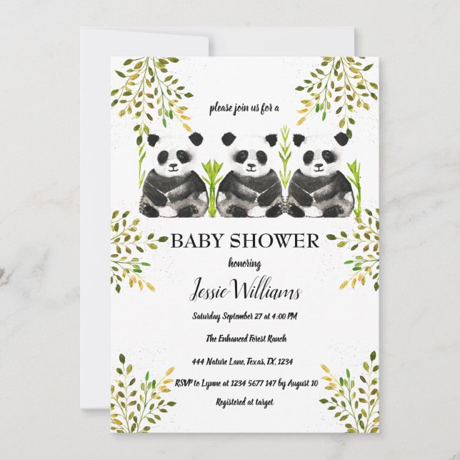 Invitation L'Ours Panda Triplet Baby shower Verdure Nature (Devant)