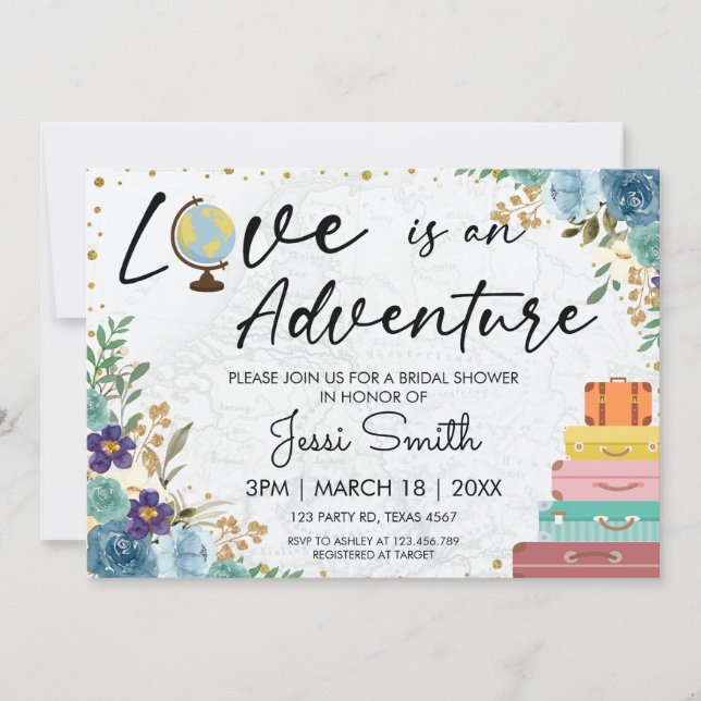 Invitation Love Adventure Suitcase Blue Floral Fête des marié (Devant)