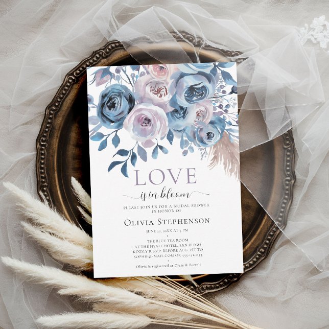 Invitation Love Bloom Quelque chose de bleu Rose Fête des mar (something blue bridal shower invitation floral roses boho pampas grass love in bloom watercolor)