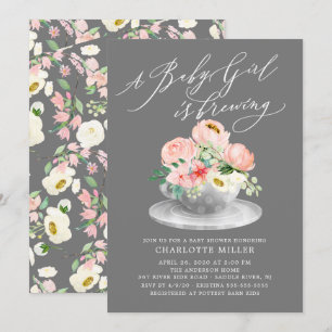 Invitation Love Brewing Pink Peonies Floral Baby Tea Douche