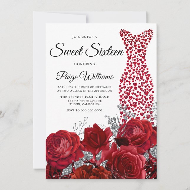 Invitation Love Coeur Roses Rouges Douce 16 Partie (Devant)