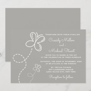 Invitation Love Grey & White Coeurs et papillons Mariages