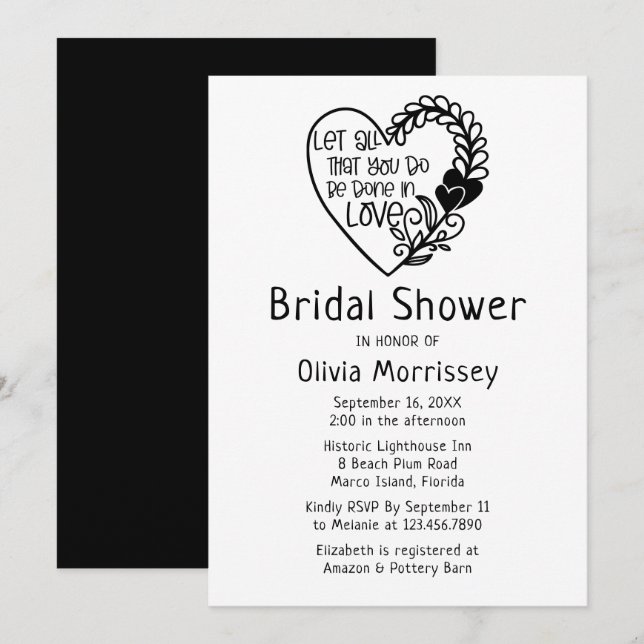 Invitation Love Heart Black White Typographie Fête des mariée (Devant / Derrière)