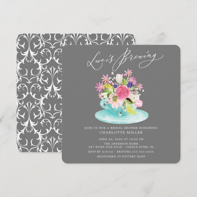 Invitation Love is Brewing Floral Bridal Tea Shower (Devant / Derrière)