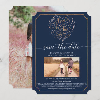 Invitation Love is in the Air Navy Script Typography Heart