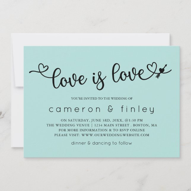 Invitation Love Is Love Turquoise Gay ou Mariage lesbien (Devant)
