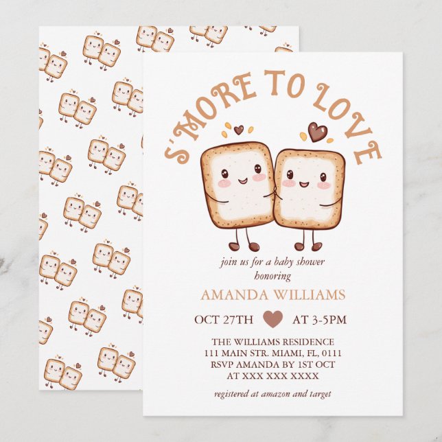 Invitation Love Kawaii Baby shower de feu de camp (Devant / Derrière)