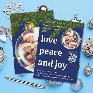 Invitation Love Paix Joie QR Photo Bleu Marine Noël Fête 
