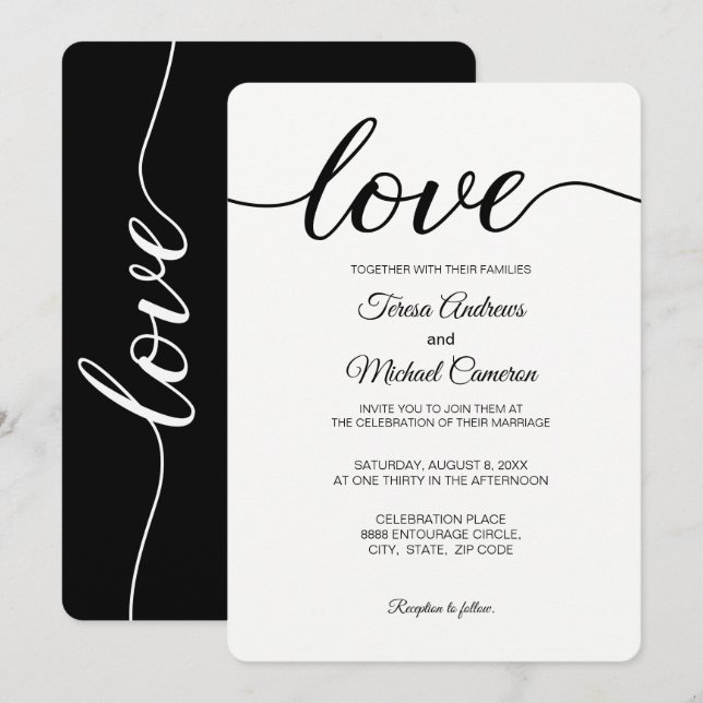 Invitation Love Script typographie Mariage noir et blanc (Devant / Derrière)