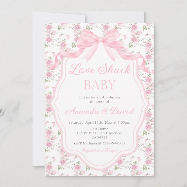 Invitation  Love Shack Baby Pink Bow Baby Shower Girl (Devant)