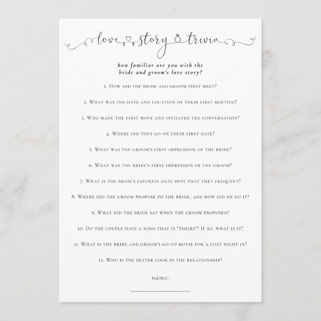 Invitation Love Story Trivia Fête des mariées White Game Card (Devant)
