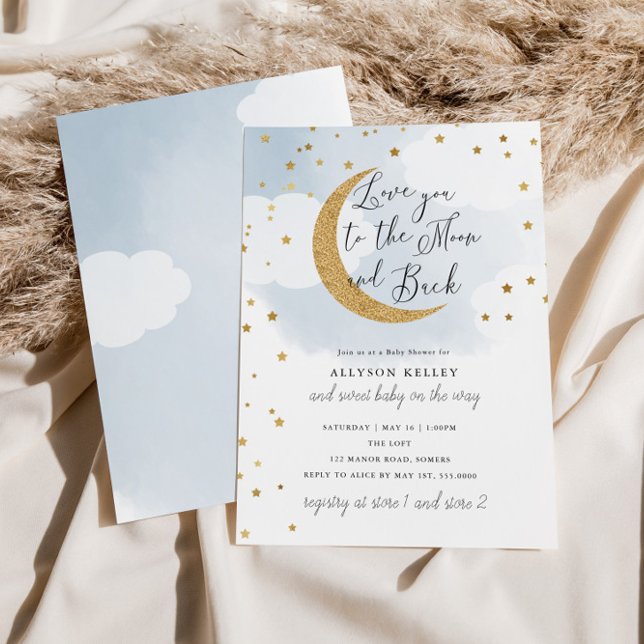 Invitation Love You to the Moon, Gold Stars Baby shower bleu (Créateur téléchargé)