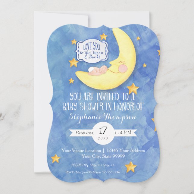 Invitation Love You to the Moon n back Baby shower aquarelle (Devant)