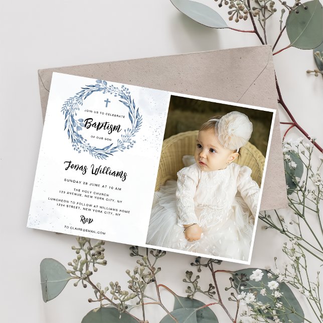Invitation Lovely Blue Florals Baptism Photo (Créateur téléchargé)