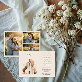 Invitation Lovely Church Watercolor 3-Photo Collage Wedding