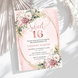 Invitation Lovely Dusty Pink Floral Greenery Sweet Sixteen 
