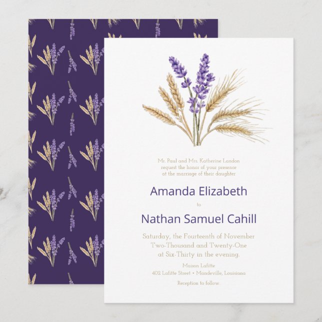 Invitation Lovely Lavender & Mariage de blé (Devant / Derrière)