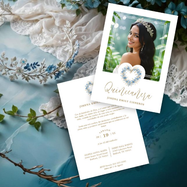 Invitation Lovely XVs Floral Blue & Gold Heart Shape Wreath  (Lovely Cute Spanish Quinceañera Floral Blue & Gold Heart Shape Wreath Invitations Cards.)
