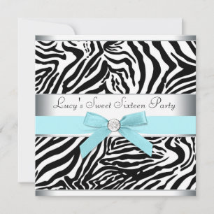 Invitation L'Sweet sixteen Turquoise Blue Zebra fête son anni