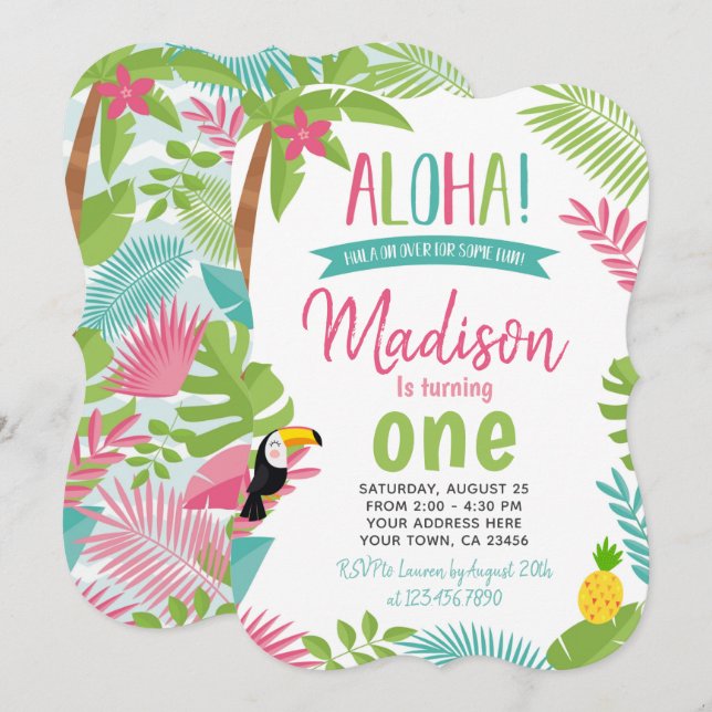 Invitation Luau 1er anniversaire (Devant / Derrière)