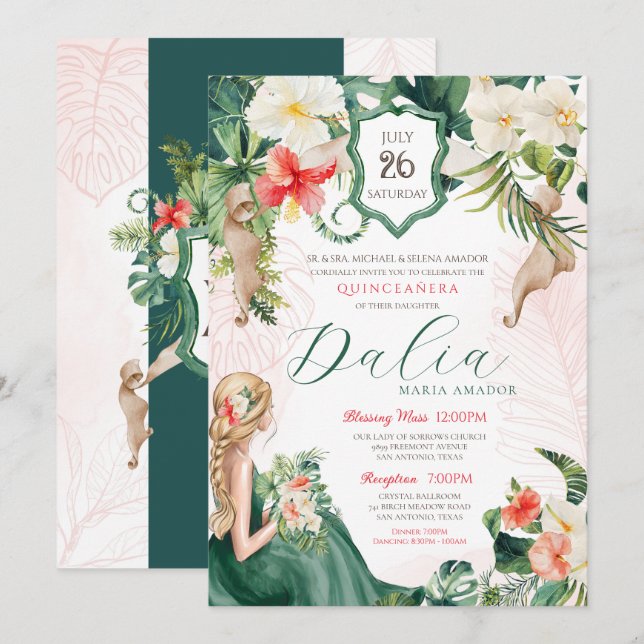 Invitation Luau Emerald Island Tropical Quinceanera Floral (Devant / Derrière)