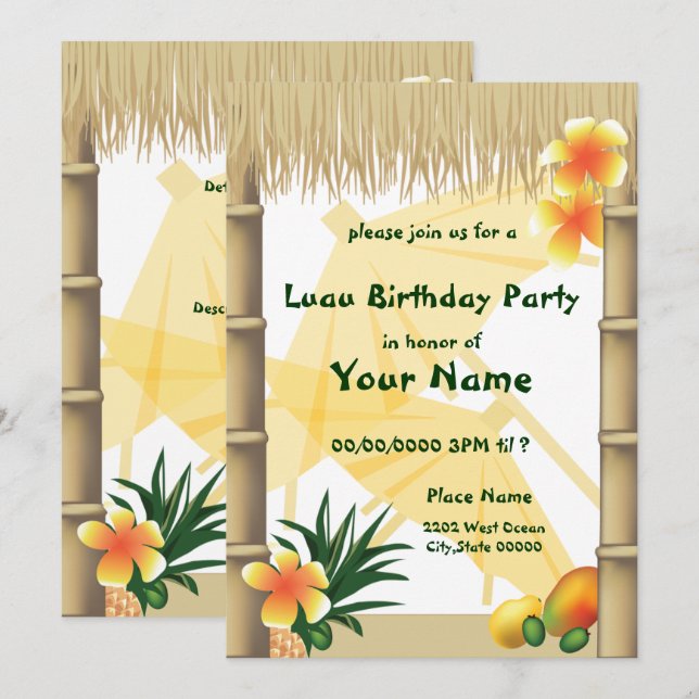 Invitation Luau Hawaïen Cabane Tiki Anniversaire Tropical (Devant / Derrière)
