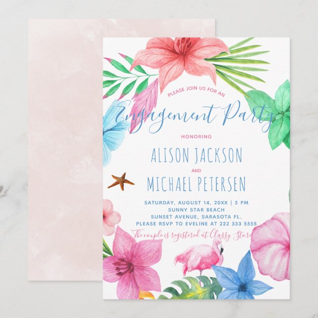 Invitation Luau Hawaii fête d'engagement floral tropical (Devant / Derrière)