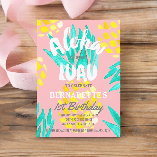Invitation Luau party Aloha ananas premier anniversaire (Luau party Aloha pineapples first Birthday Invitation)