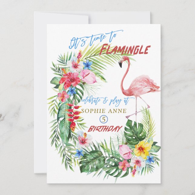 Invitation Luau Tropical Floral Flamant rose Pool Fille Anniv (Devant)