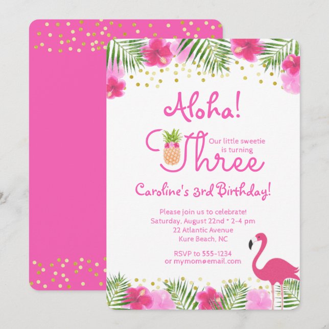 Invitation Luau Tropical Floral Girl 3ème anniversaire (Devant / Derrière)