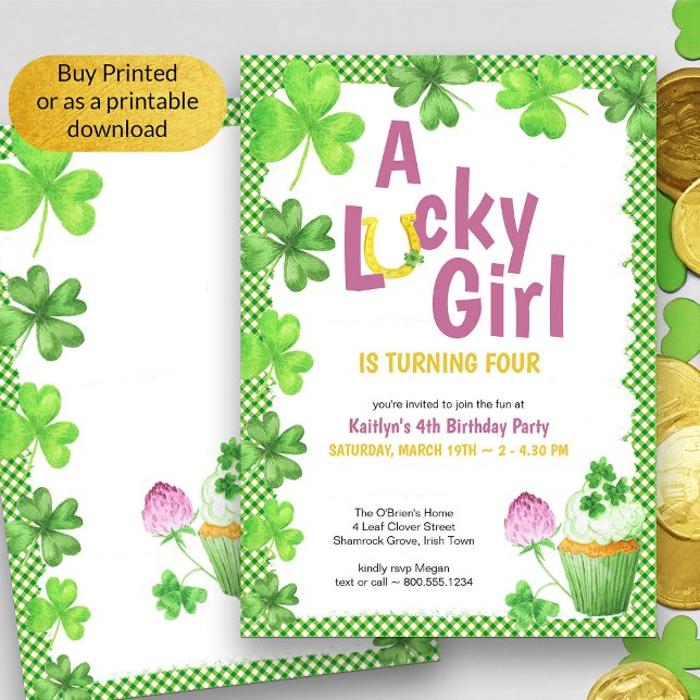 Invitation Lucky Girl Shamrock et Muffin Anniversaire fêté In (Girls Birthday St Patricks Theme invitation - available printed or as a printable digital download)