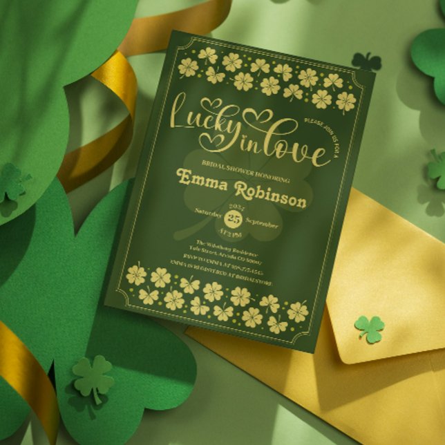 Invitation Lucky in Love  St Patrick's Day Bridal Shower  (Lucky in Love St Patrick's Day Bridal Shower Invitation shamrock for her bride romantic heart script)