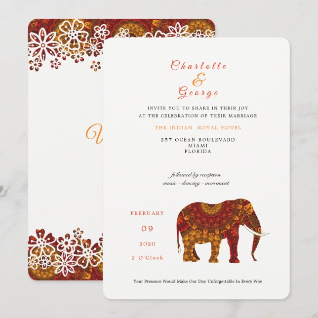 Invitation Lucky Indian Elephant Élégant mariage de dentelle  (Devant / Derrière)