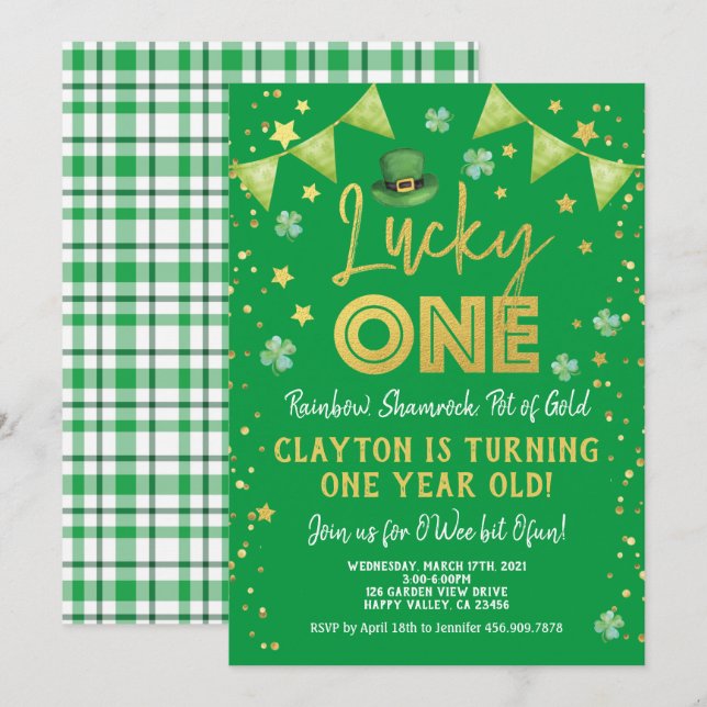 Invitation Lucky One Baby First Birthday St Patrick's Day (Devant / Derrière)