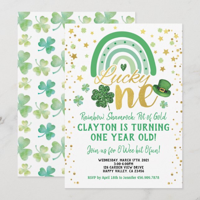 Invitation Lucky One Baby First Birthday St Patrick's Day (Devant / Derrière)