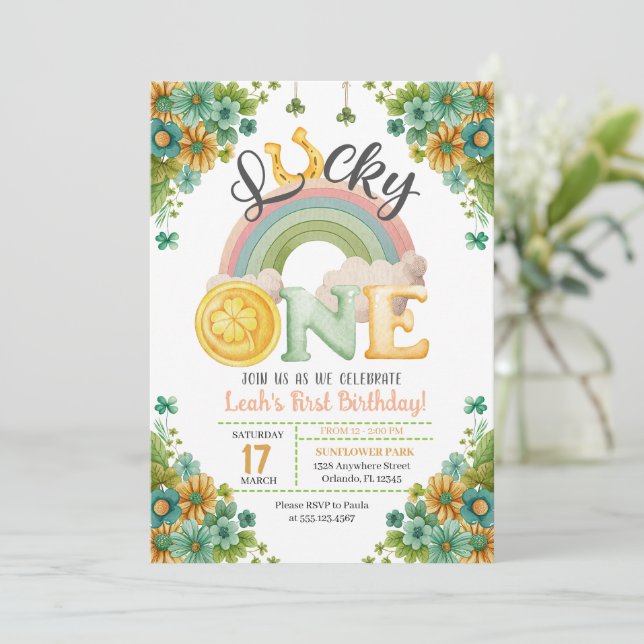 Invitation Lucky One Rainbow Sunflower premier anniversaire (Debout devant)