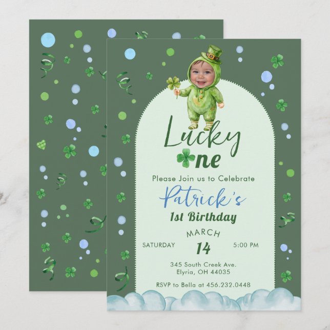 Invitation Lucky One St Patrick garçon avec photo Anniversair (Devant / Derrière)