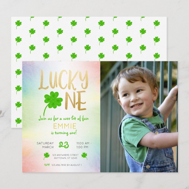 Invitation Lucky One St. Patricks Day Shamrock Photo Annivers (Devant / Derrière)