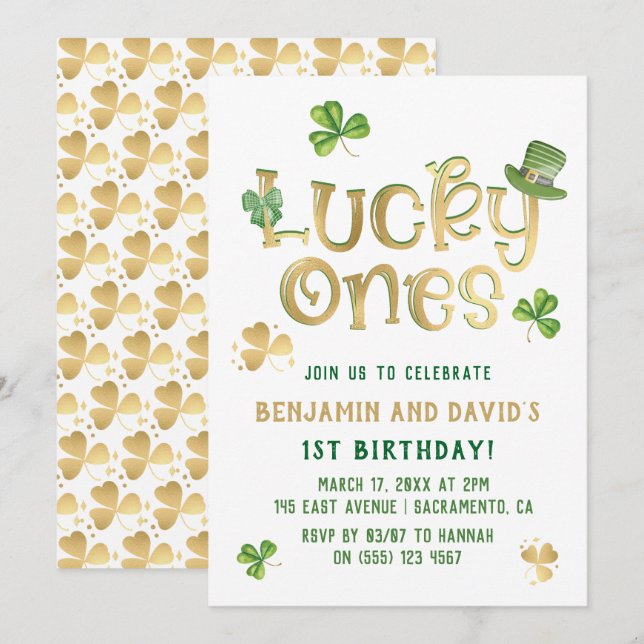 Invitation Lucky One | St Patrick's Day Twin First Birthday (Devant / Derrière)