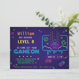 Invitation Lueur Rétro Néon Anniversaire Enfant Jeux Vidéo Ar