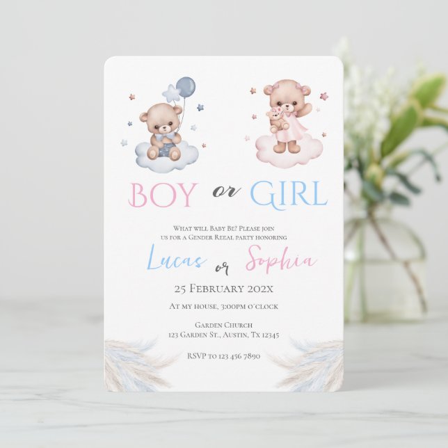 Invitation Lui ou elle Bleu ou rose Genre Reveillez Invitatio (Debout devant)