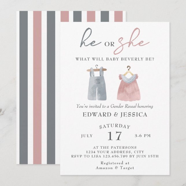 Invitation Lui ou elle Ce que bébé sera aquarelle Boho modern (Devant / Derrière)