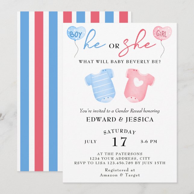 Invitation Lui ou elle Ce qui sera bébé sera bleu rose minima (Devant / Derrière)