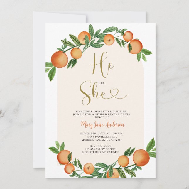 Invitation Lui ou Elle Citrus Orange Verdure Sexe Révélation (Devant)
