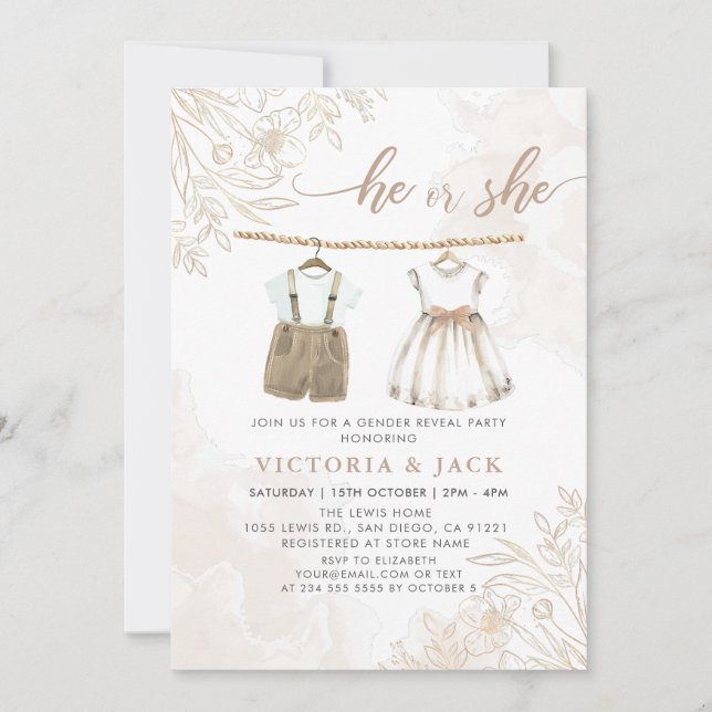 Invitation Lui ou elle Fleur sauvage Vêtements de bébé Révéla (Devant)