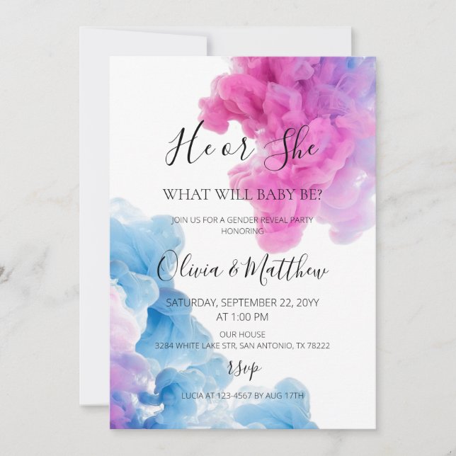 Invitation Lui ou Elle Fumée rose bleue Genre révéler Invitat (Devant)