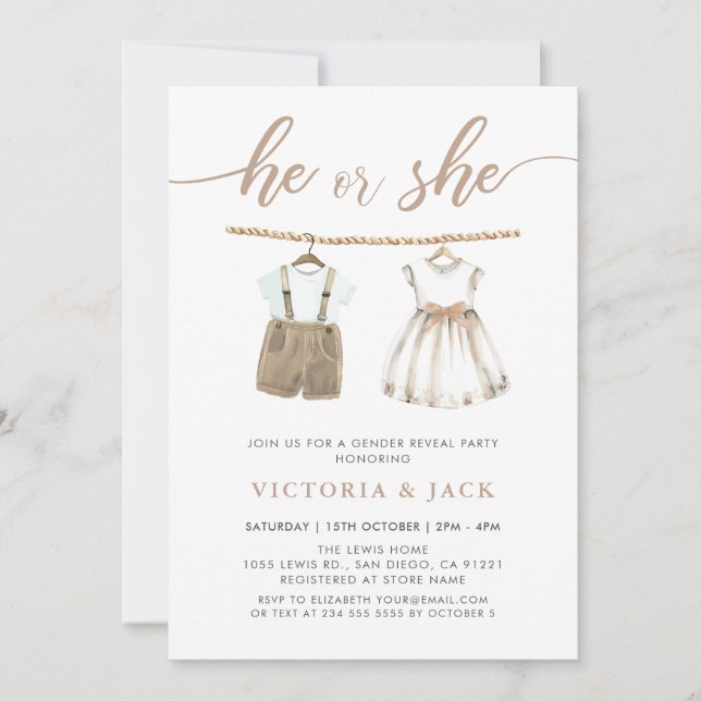 Invitation Lui ou elle Neutre Vêtements de bébé Révélation de (Devant)