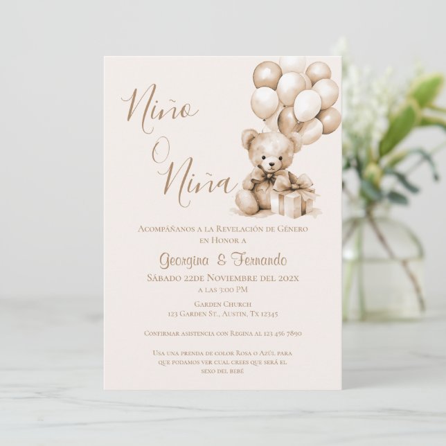 Invitation Lui ou elle Teddy Bear avec des ballons Révélation (Debout devant)