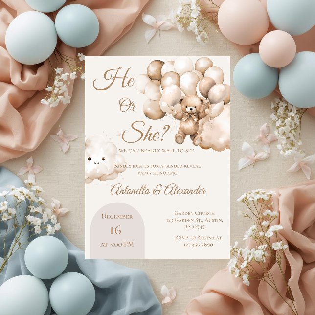 Invitation Lui ou elle Teddy Bear avec des ballons Révélation (Créateur téléchargé)